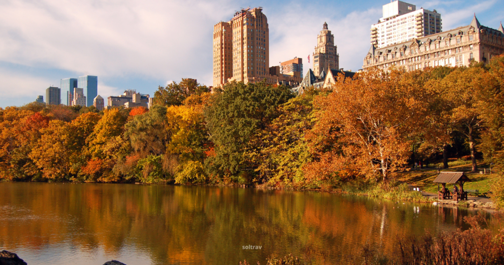 Scenic view of New York City in autumn, featuring vibrant fall foliage along the banks of a tranquil lake. The trees display a rich palette of oranges, yellows, and reds, reflecting beautifully on the water's surface. In the background, a mix of historic and modern buildings rise against a partly cloudy sky, adding to the urban landscape.