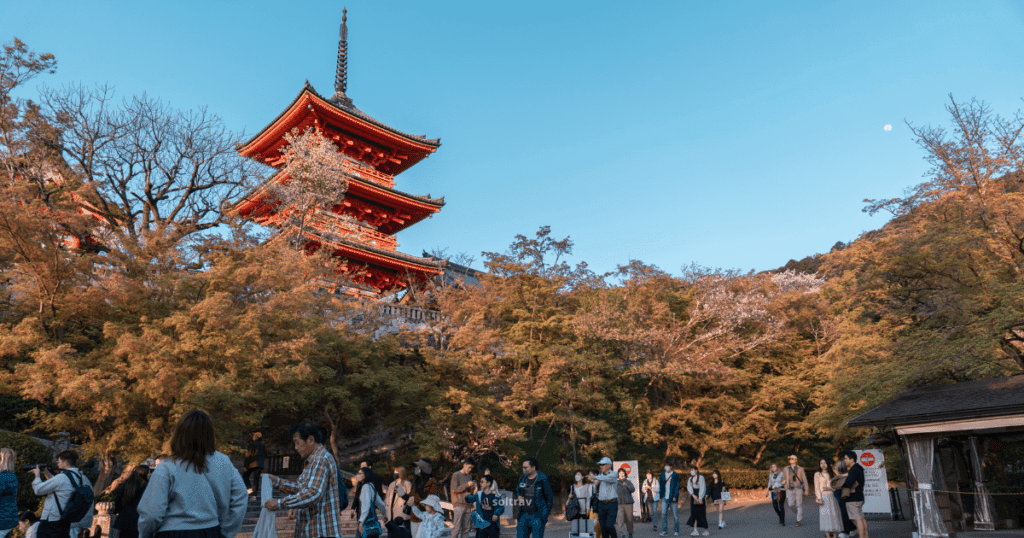 A beautiful view of a traditional pagoda in Kyoto, Japan, surrounded by lush greenery and cherry blossom trees. Visitors stroll through the area, enjoying the serene atmosphere.