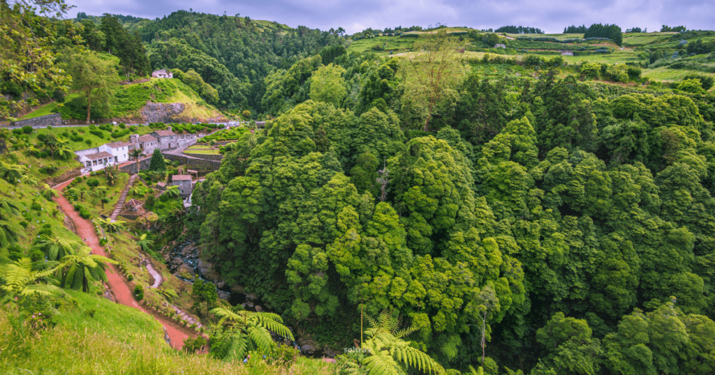 A panoramic view of Parque Natural da Ribeira dos Caldeirões in the Azores, showcasing lush greenery, winding paths, and traditional houses amid a vibrant landscape.
