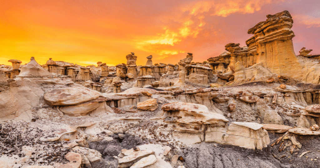 Scenic view of Bisti-De-Na-Zin Wilderness in New Mexico, featuring unique rock formations against a vibrant sunset sky.