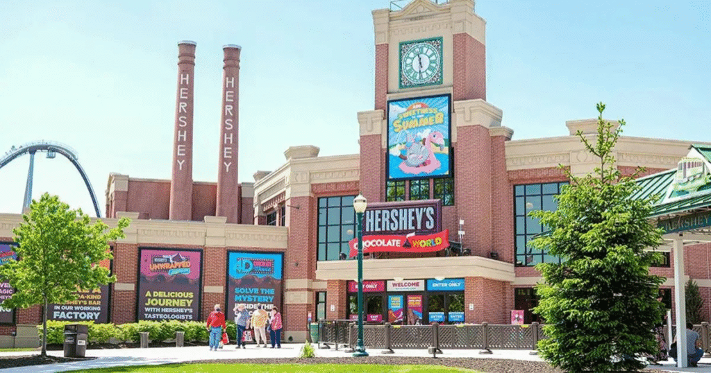 Exterior view of Hershey's Chocolate World in Pennsylvania, featuring a large entrance and colorful signage.