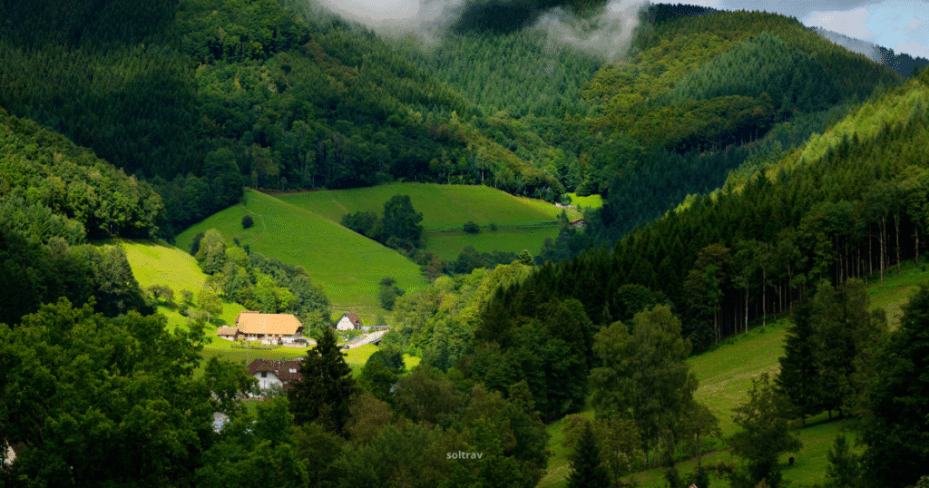 A secluded countryside farmhouse surrounded by dense forests and rolling green hills in the Black Forest, Germany.