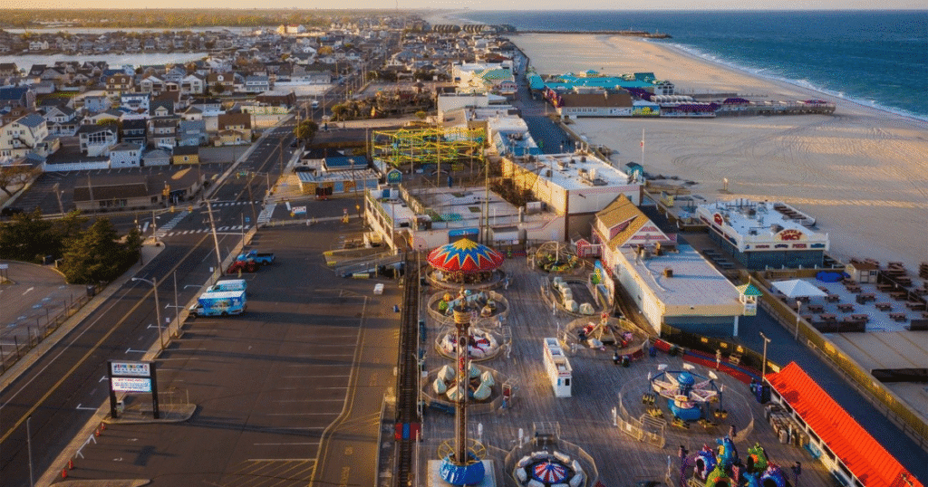 Aerial view of Jenkinson's Boardwalk in New Jersey, featuring amusement rides and a sandy beach in the background.