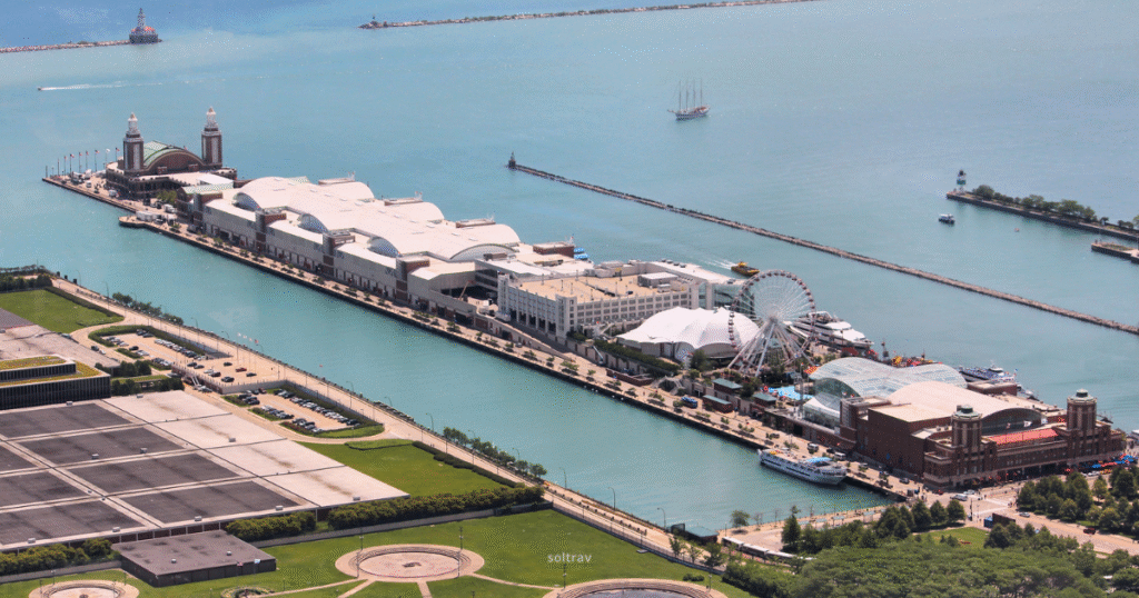 Aerial view of Navy Pier in Illinois, featuring attractions and the waterfront.
