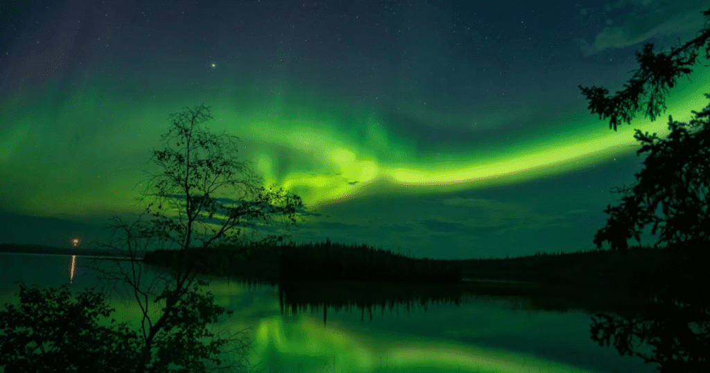Vibrant Northern Lights over Fairbanks, Alaska, with a starry sky and silhouetted rooftops in the foreground.
